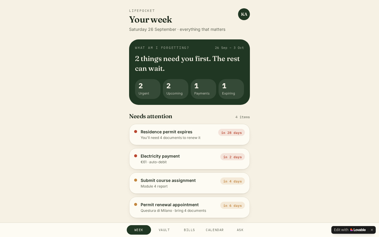 Screenshot of LifePocket — Productivity Dashboard